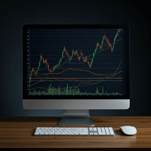 Data visualization of stock market trends on a dark monitor